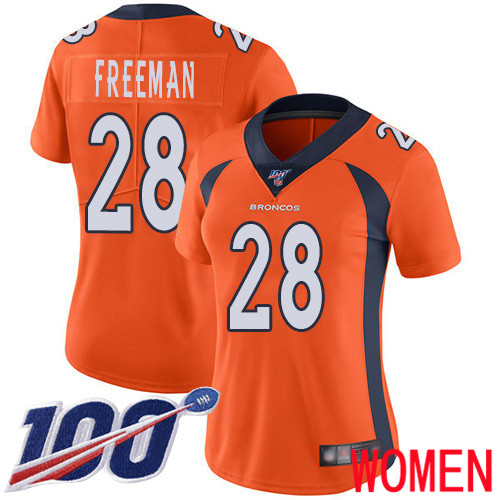 Women Denver Broncos 28 Royce Freeman Orange Team Color Vapor Untouchable Limited Player 100th Season Football NFL Jersey